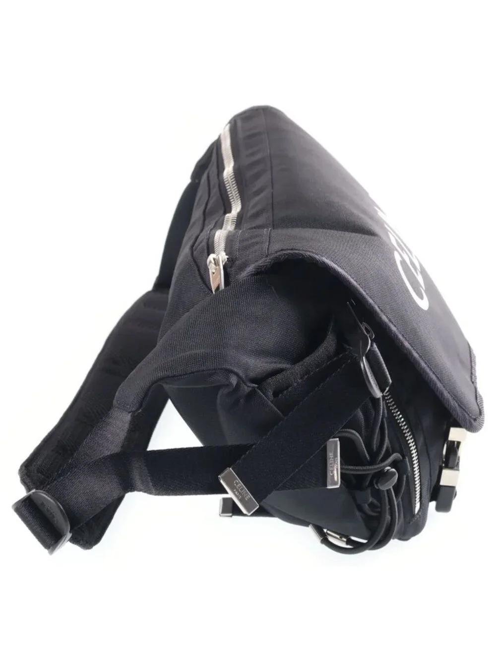 Celine Logo Trekking Messenger Bag Black Canvas Silver